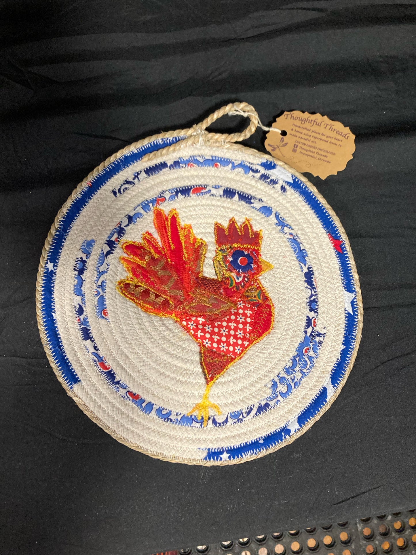 Custom Handcrafted Rope Trivet - Blue Striped with Rooster