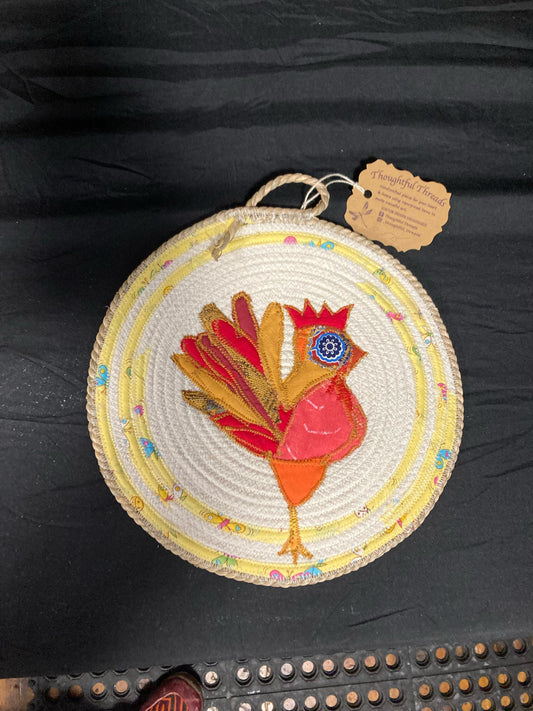 Custom Handcrafted Rope Trivet - Yellow Striped with Rooster