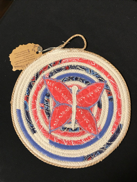 Custom Handcrafted Rope Trivet - Red and Blue with Butterfly