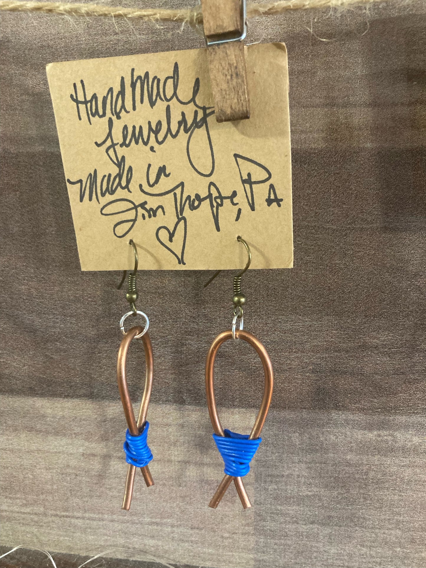 Copper Earrings - Single Loop with Blue Wrap