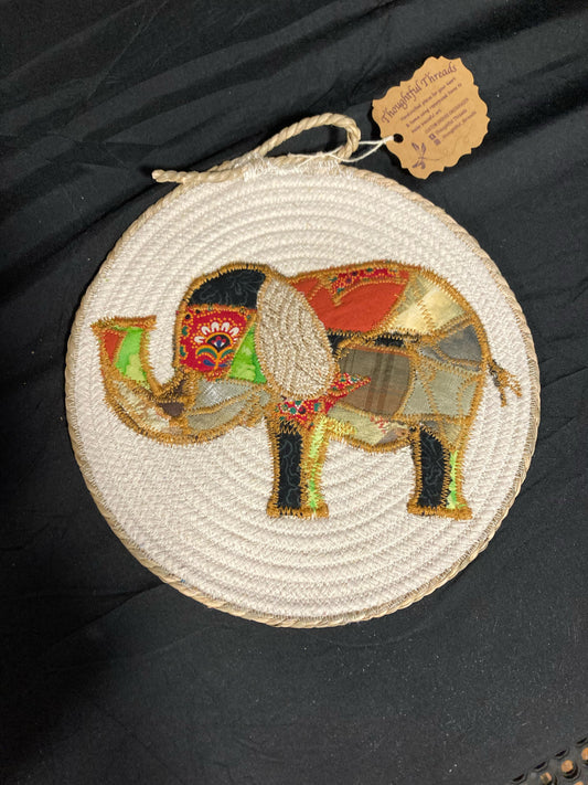 Custom Handcrafted Rope Trivet - Orange and Green Elephant