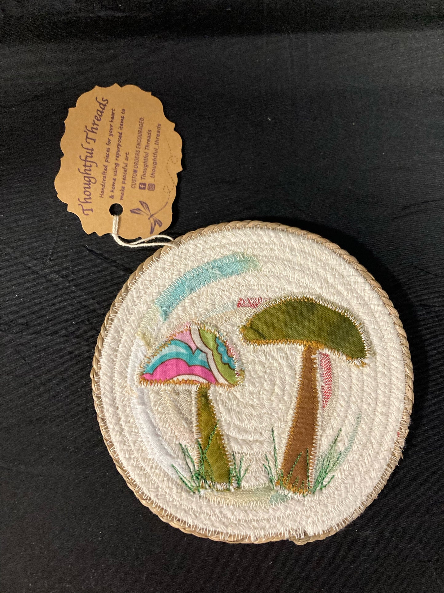 Custom Handcrafted Rope Coaster - Pink and Green Mushrooms