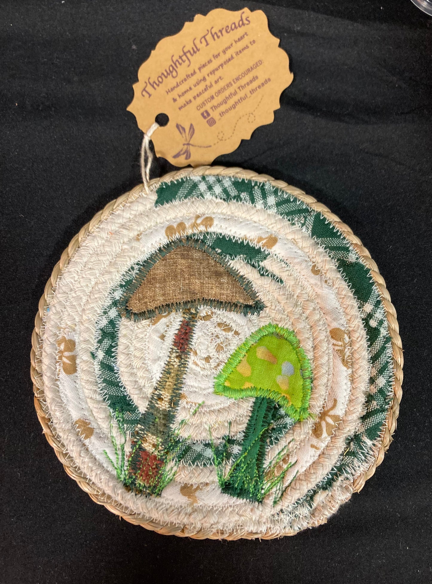 Custom Handcrafted Rope Coaster - Brown and Green Mushrooms