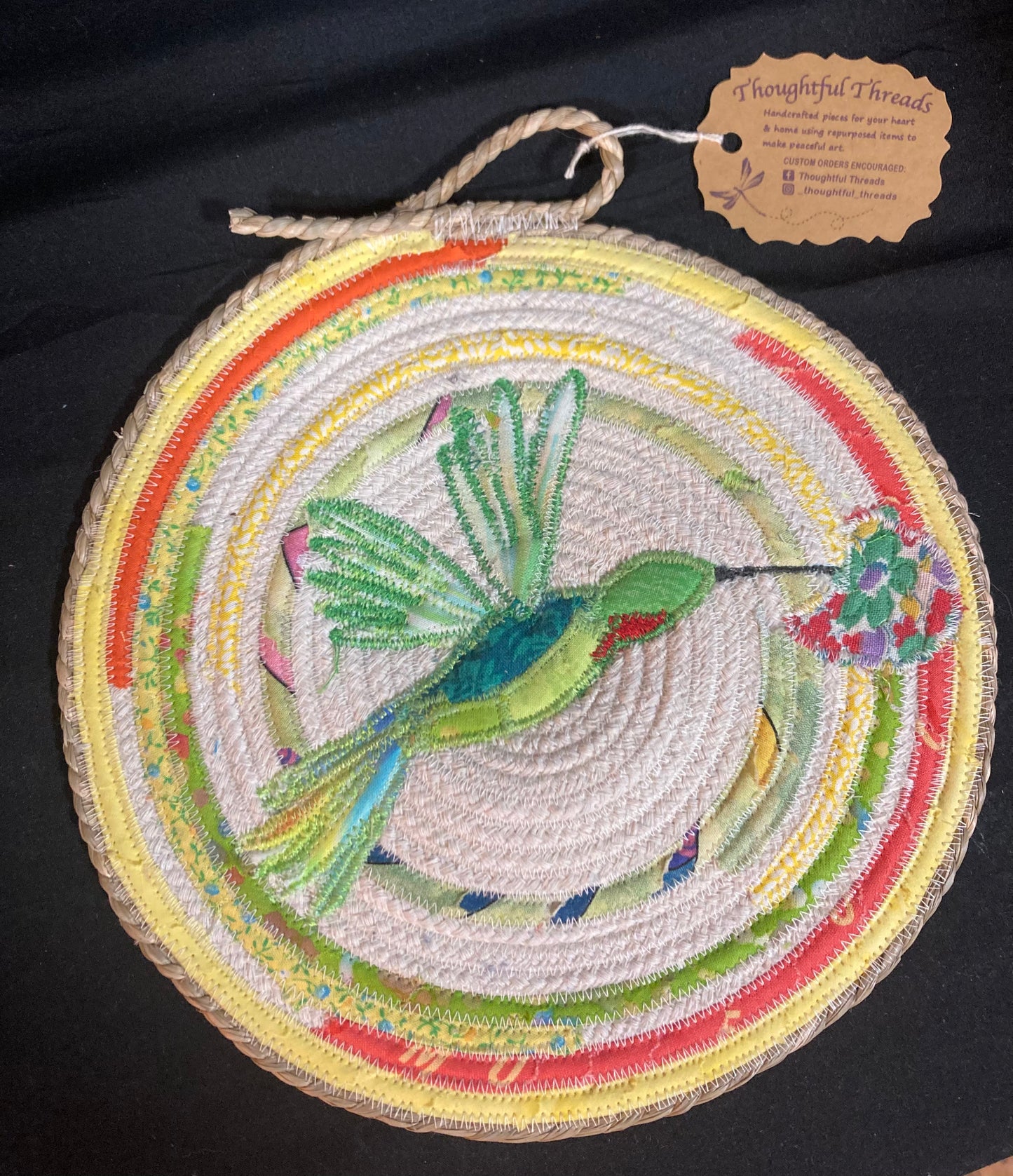 Custom Handcrafted Rope Trivet - Spring Time Hummingbird