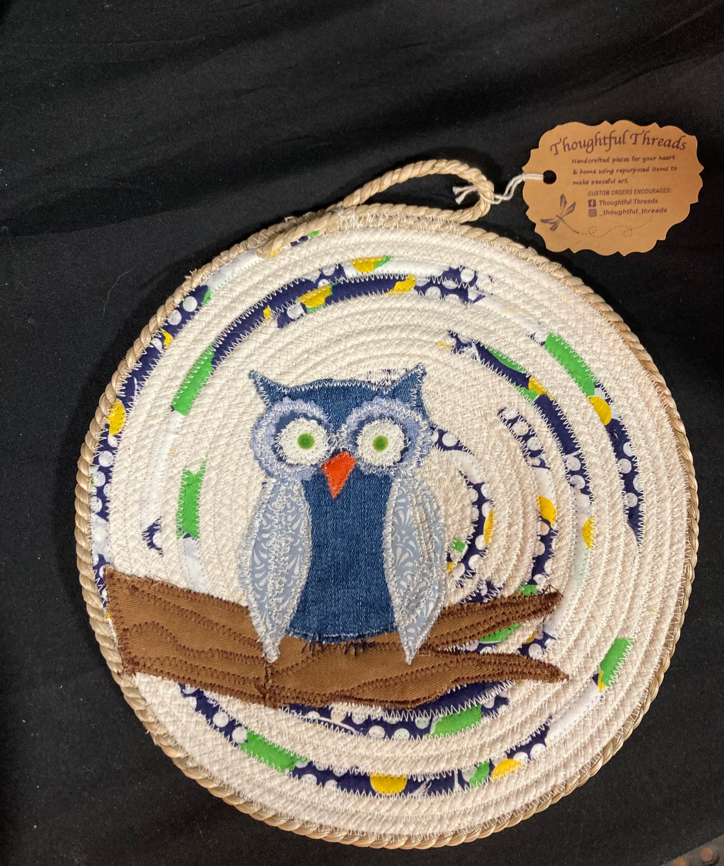 Custom Handcrafted Rope Trivet - Blue Denim Owl