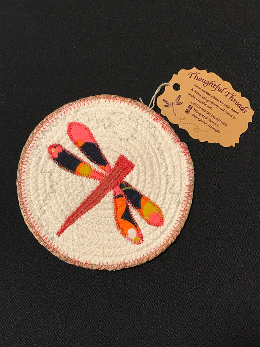 Custom Handcrafted Rope Coaster - White with Dragonfly