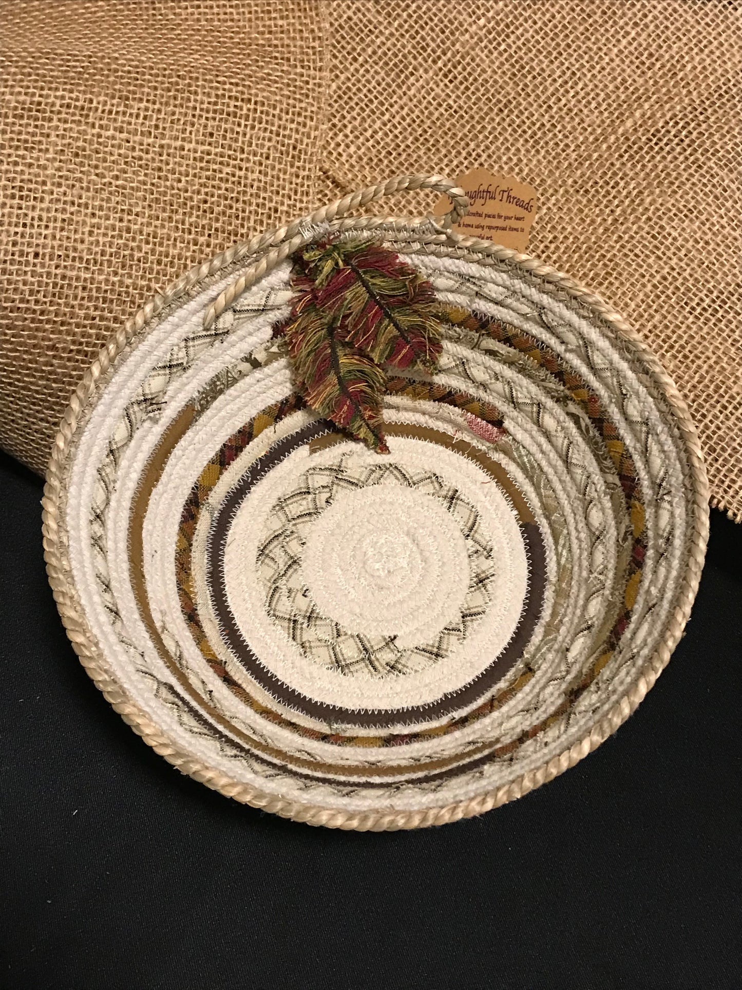 Custom Handcrafted Rope Basket - Frayed Leaves Accent