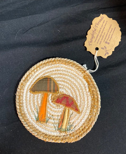 Custom Handcrafted Rope Coaster - Tan Stitch with Patterned Shrooms