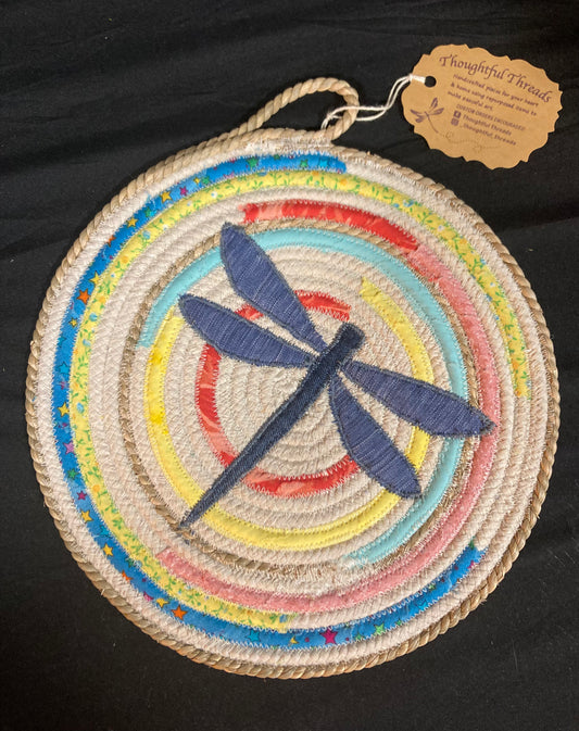 Custom Handcrafted Rope Trivet - Pastel Striped with Denim Dragonfly