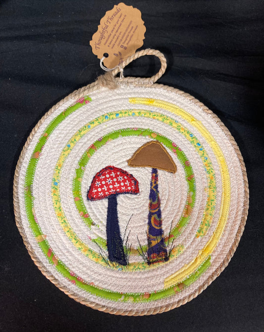 Custom Handcrafted Rope Trivet - Green and Yellow Striped with Shrooms