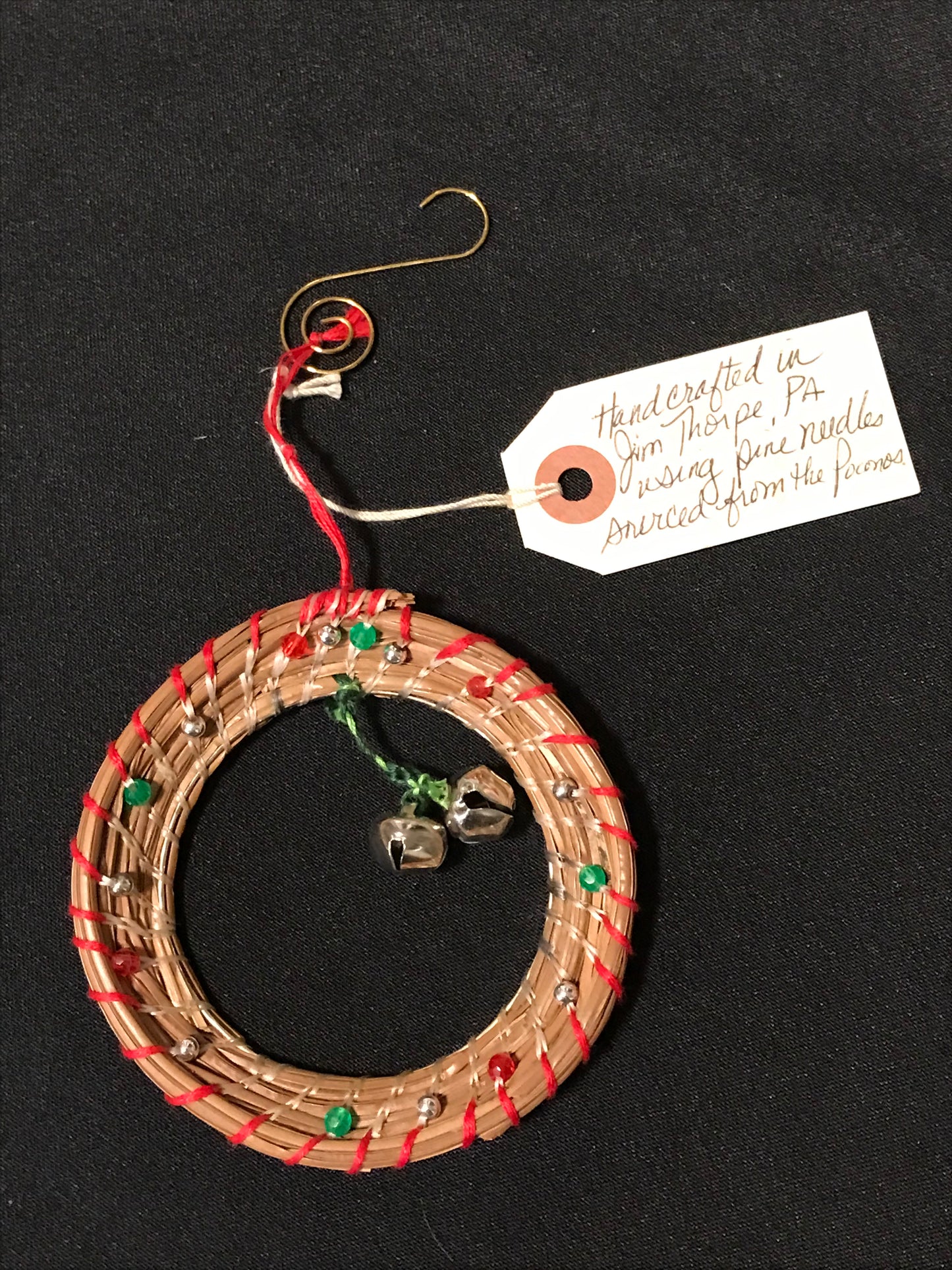 Handcrafted Pine Needle Ornament with Bells and Beads