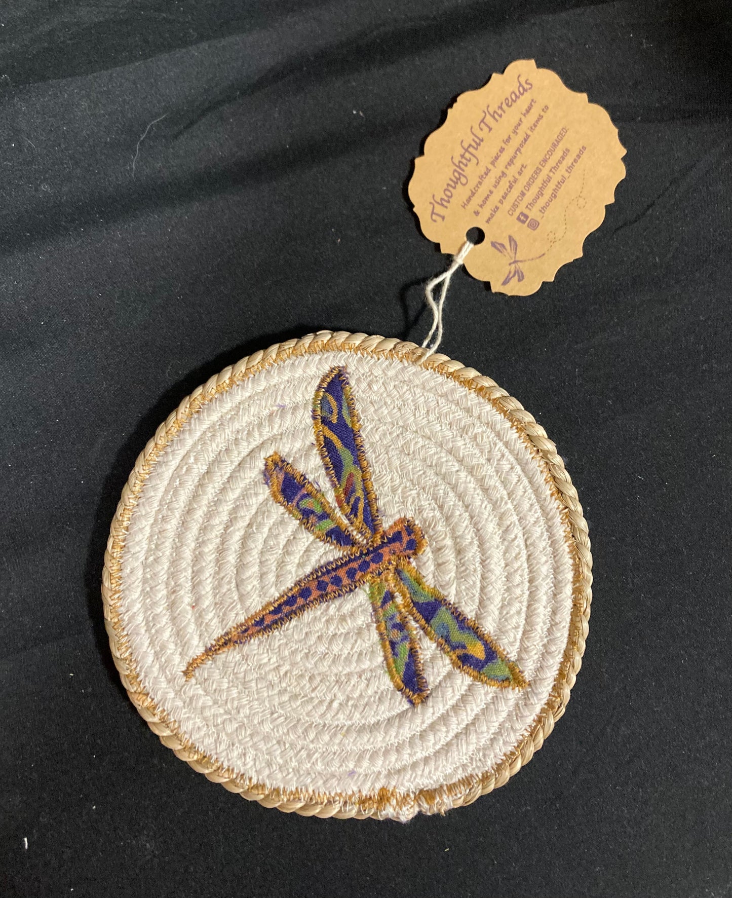 Custom Handcrafted Rope Coaster - Purple Patterned Dragonfly