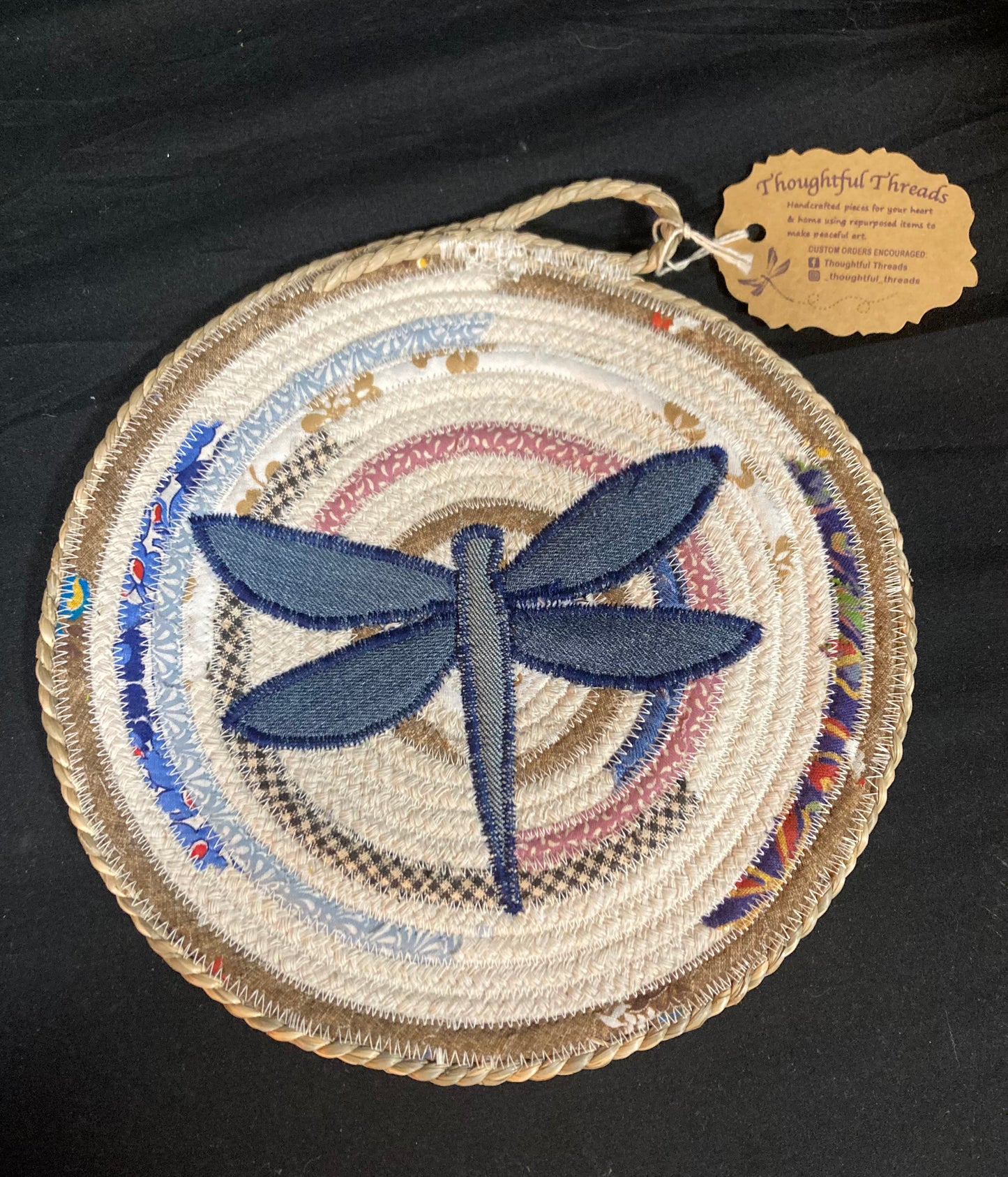 Custom Handcrafted Rope Trivet - Denim Dragonfly