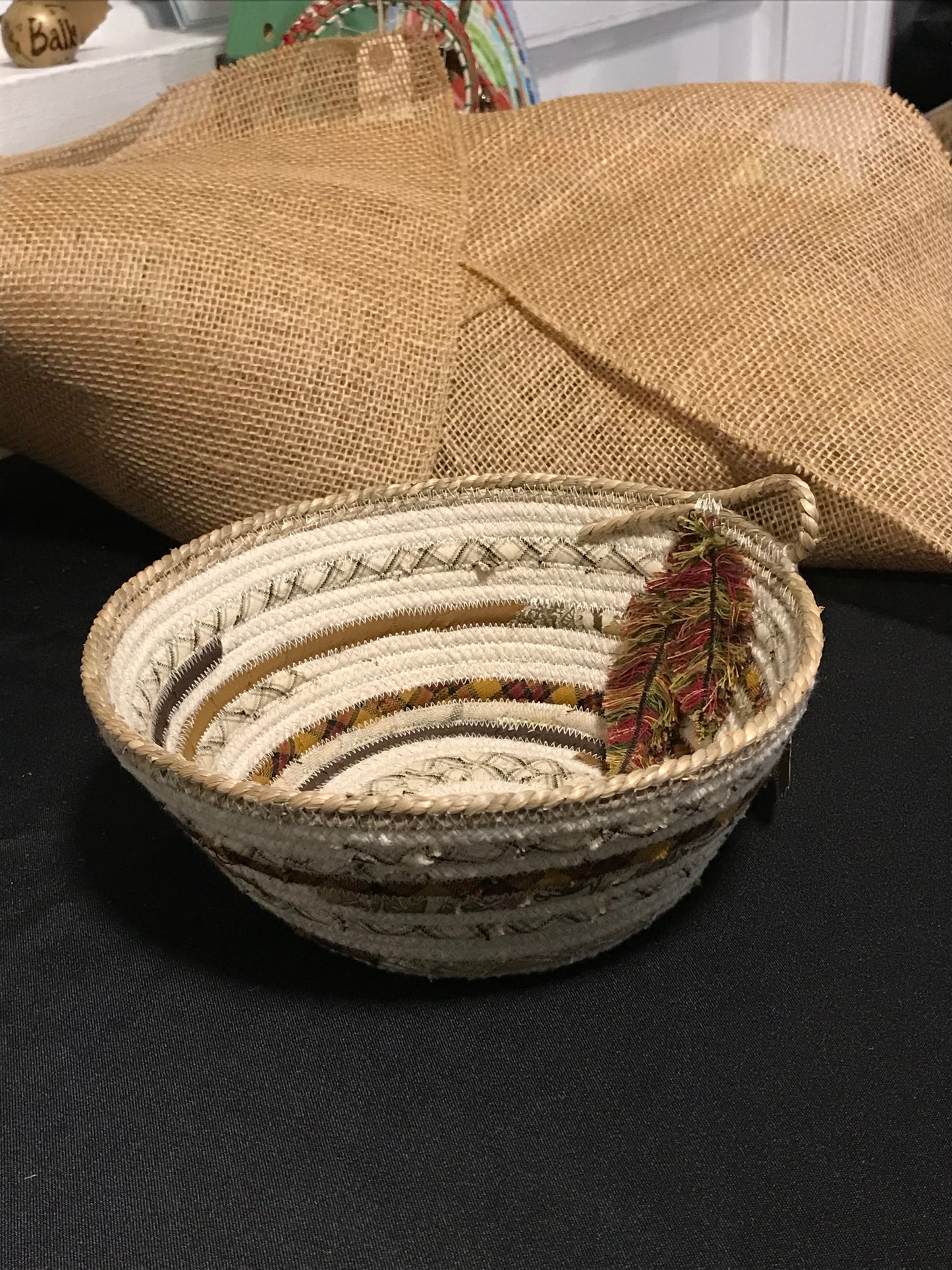 Custom Handcrafted Rope Basket - Frayed Leaves Accent