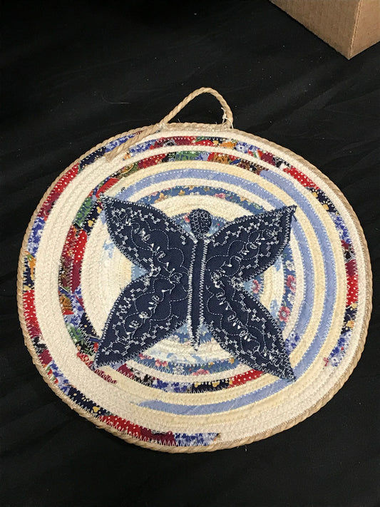 Custom Handcrafted Rope Trivet - Multicolor with Blue Butterfly